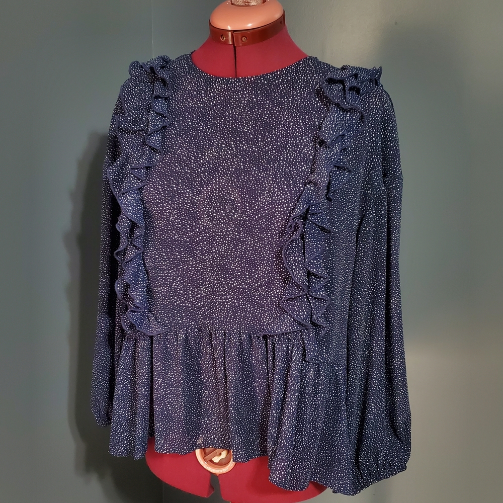 H&M Navy Ruffle Detail Sheer Blouse with White Dots Half Sleeve Women's Size 2